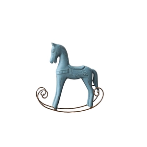 Nordic light blue rocking horse figurine with vintage finish and metal base for home decor