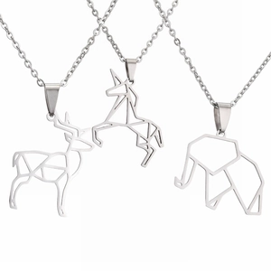 Collier Pendentif Animal En Acier Inoxydable Origami Géométrique Éléphant Cerf Licorne Bijoux Creux Pour Femmes Hommes