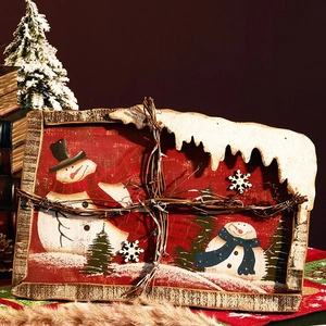 Handcrafted red wooden Christmas tray featuring a snowman motif with warm LED lights