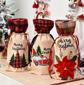 Linen Christmas wine bottle bags with Merry Christmas prints and rustic drawstring closure