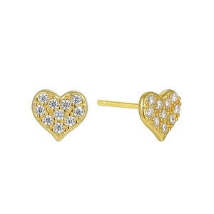 Elegant 14K gold plated S925 silver heart stud earrings with sparkling pavé cubic zirconia