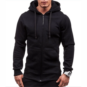 Men's solid black zip-up hoodie featuring an adjustable drawstring hood and split kangaroo pocket