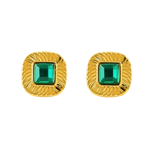 Vintage gold square stud earrings with emerald green zircon and radial texture design