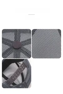 Detail of dark grey breathable mesh baseball cap showing top button and plastic snapback