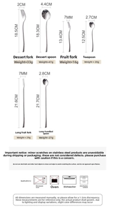 Size chart for 304 stainless steel dessert spoons and forks with mirror finish