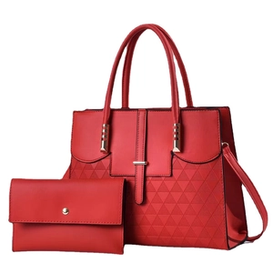 Elegant red PU leather tote bag with diamond pattern and matching small pouch