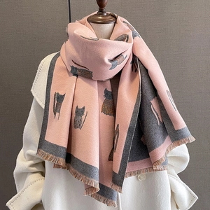 Pink and grey cashmere-like scarf with cartoon cat patterns and fringe details