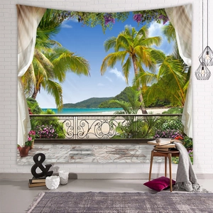 Detailed view of a tropical beach tapestry on wall with balcony and palm trees scene