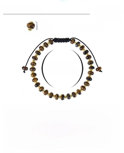 Detail view of tiger eye abacus beads and braided rope with adjustable closure