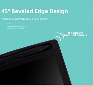 Detail of LCD writing tablet featuring a 45-degree smooth corner and stylus storage slot