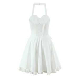 White halter neck dress with heart-shaped neckline and ruffled hem on white background