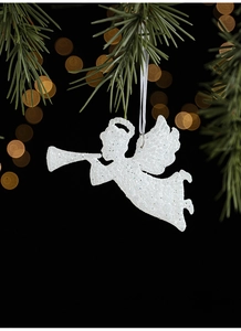 Sparkling white Christmas angel ornament with glitter finish on green pine branches