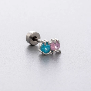 Sleek titanium steel cartilage stud earring with blue and pink round faceted gemstones