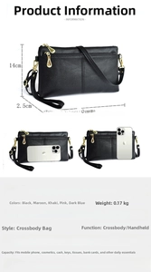 Detail view of the 24x14x2.5cm black PU crossbody bag with multi-layer zippers
