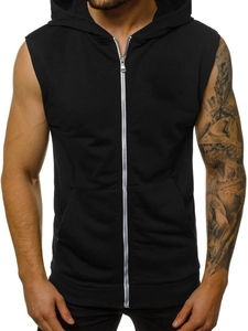 Detail eines schwarzen ärmellosen Herren-Hoodies mit Reißverschluss und Seitentaschen