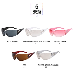 Collection of five futuristic Y2K wrap-around sports sunglasses with metallic circle details