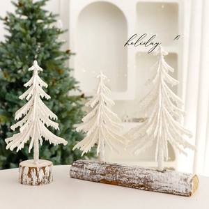 White Flocked Mini Christmas Tree Desktop Ornaments With Natural Wood Base PE Snowy Tabletop Holiday Decoration