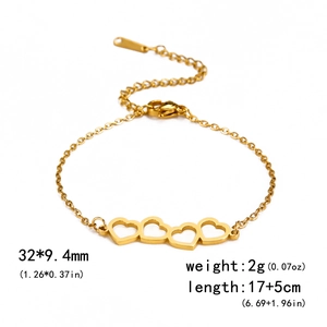 Detail of gold heart link bracelet showing 32x9.4mm size and 17cm plus 5cm chain length