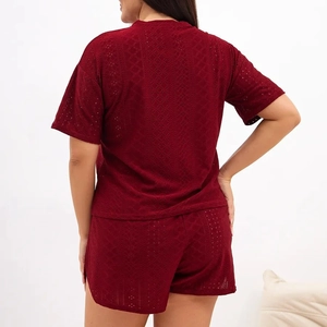 Women's two-piece short sleeve wine red loungewear set with breathable hollow texture