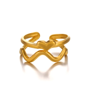 Minimalist double-layer gold heart ring with wavy band design on white background