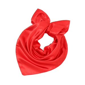 Detailed close-up of vibrant red satin square scarf featuring smooth glossy texture