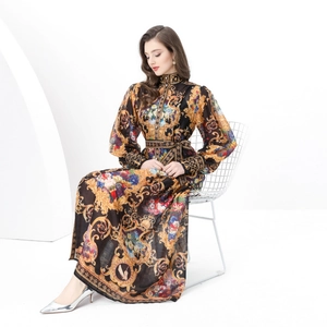 Vintage maxi floral dress with lantern sleeves and baroque prints in a minimalist studio