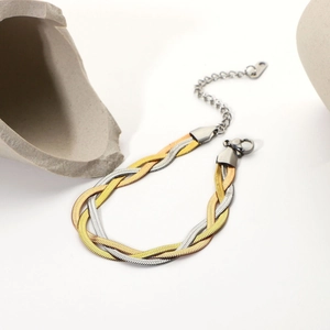 Driekleurige gevlochten slangenketting armband in goud, roségoud en zilver roestvrij staal