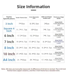 Detailed sizing chart for solid wood frames showing dimensions from 3 inch to A4 size