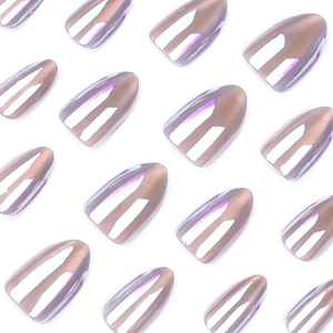 Short almond press-on nails with metallic rose gold and purple aurora cat-eye effect