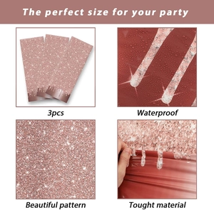 Detail of rose gold sequin tablecloth showing 3pcs waterproof and durable material