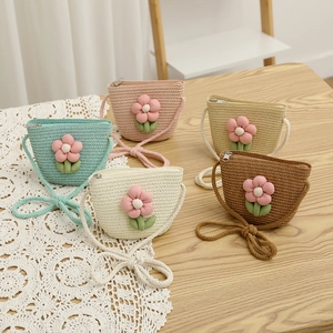 Kids wide brim straw hat and flower purse set for girls outdoor summer accessory