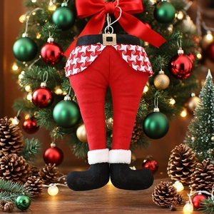 Plush Santa legs Christmas tree hanging ornament with red fabric and gold buckle detail