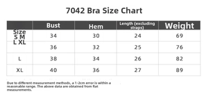 Detailed size chart for cross-back sports bra featuring measurements for S to XL sizes