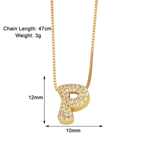 Detail of gold letter P pendant with clear cubic zirconia and dimensions data