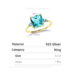 Detail view of square blue gemstone ring in S925 sterling silver with dimensions and specs