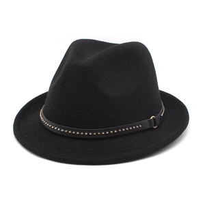 Classic black wool fedora hat with gold and silver studded leather band decoration