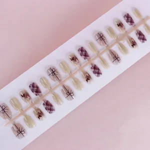 Cat eye press-on nails set with purple plaid and butterfly designs, 30 pieces pack