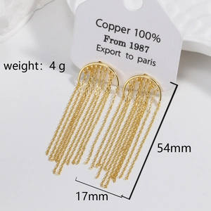 Detail view of 18K gold tassels earrings showing 54mm length and copper material