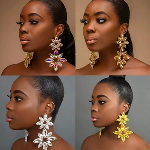 Exaggerated Large Rhinestone Flower Drop Earrings For Women Luxury Marquise Cut Alloy Statement Wedding Party Jewelry Earrings