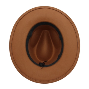 Top view of brown fedora interior showing the size 57 label and polyester fabric texture