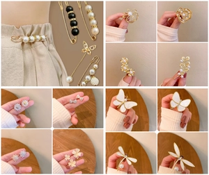 Collage of pearl and alloy brooches showing butterfly, flower and geometric designs
