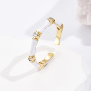 Bamboo Joint Open Adjustable Ring Copper Gold Plated Enamel Zircon French Elegant Jewelry For Women Modern