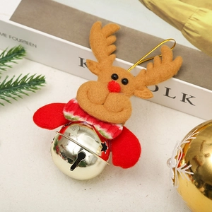 Detailed close-up of a Christmas reindeer ornament with brown felt head and golden bell