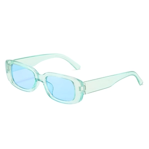 Retro small square sunglasses with transparent green frames and light blue lenses