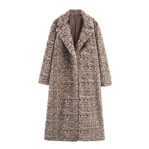 Women Faux Fur Long Coat Leopard Print Lapel Collar Warm Winter Streetwear Outerwear