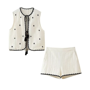 Women Cotton Linen Sleeveless Embroidery Vest Tassel Lace Up Top And Shorts Casual Boho Style