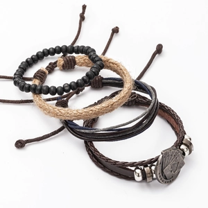 Retro multilayer leather bracelet set with poker ace charm and wooden beads