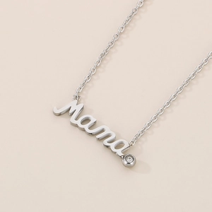 Close-up of silver stainless steel Mama necklace with a sparkling round crystal pendant