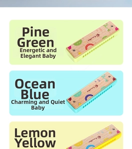 Three colorful 16-hole wooden harmonicas for kids in green, blue, and yellow finishes