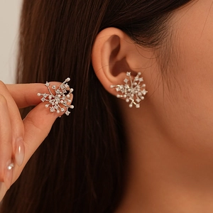 Flower Stud Earrings Copper Zircon Imitation Artificial Pearl Jewelry With Silver Earring Post Shiny Elegant For Women